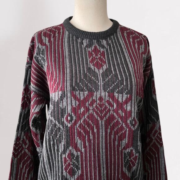 Vintage 80s Jacquard Sweater Grandpacore Dark Academia Art Deco Geometric Knit L - Picture 4 of 10